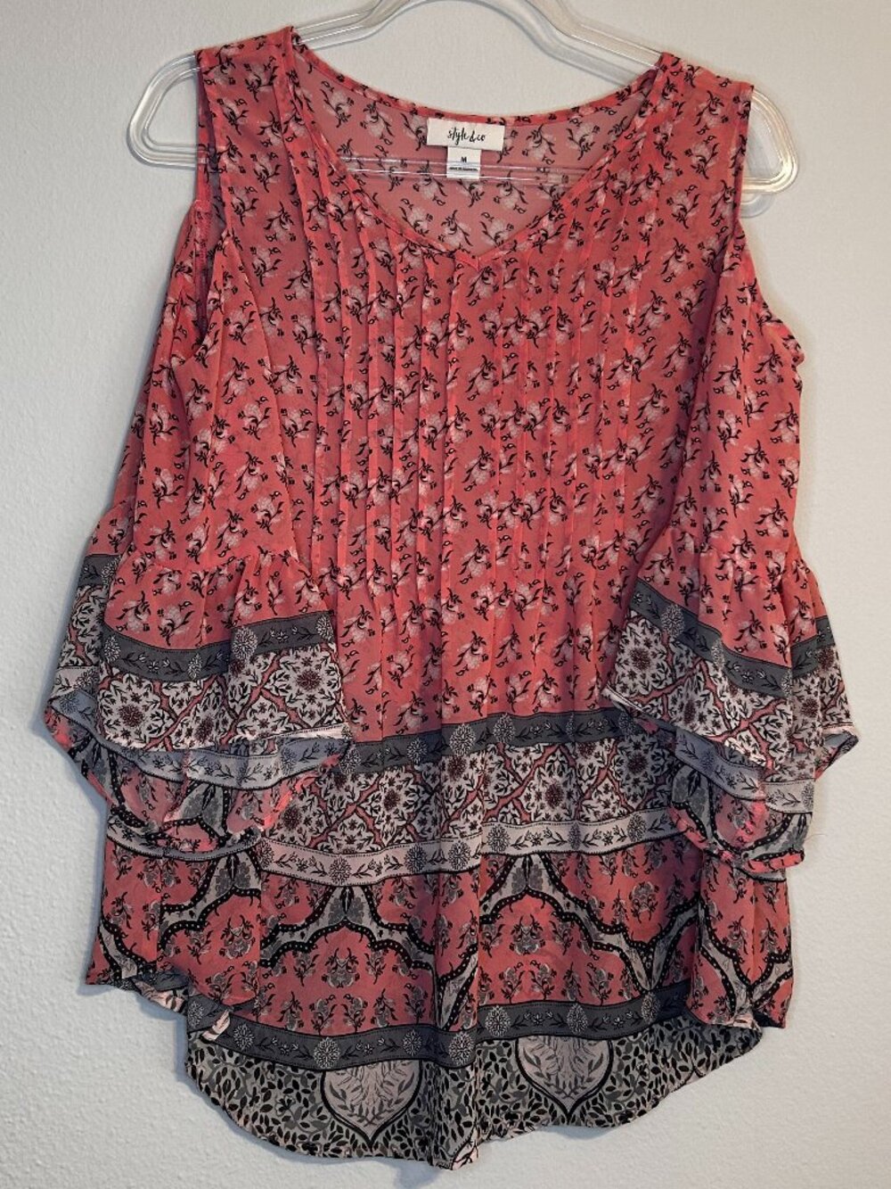 Style & Co Coral Floral Pleated Boho Print Lightweight Cold Shoulder 3/4 Sleeve